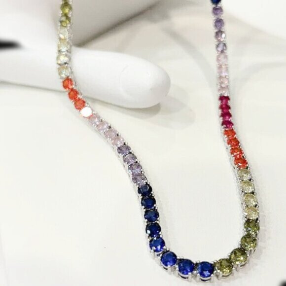 Beautiful Rainbow lab created colors of CZ Tennis Necklace Silver plated - Picture 1 of 4